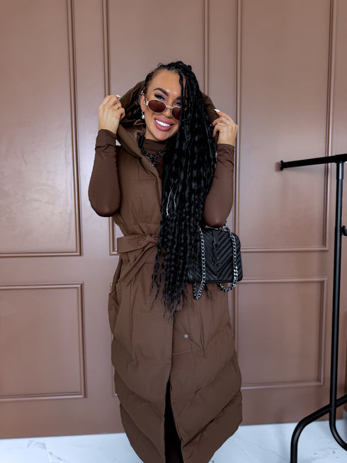 Long, chocolate brown vest with tie belt